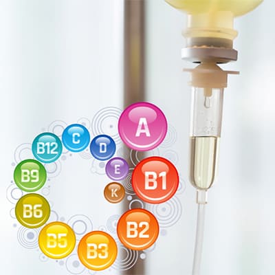 IV點滴與各種維生素B群、A、C、D、E、K等營養素的圓形圖示，展示營養補充的重要性。